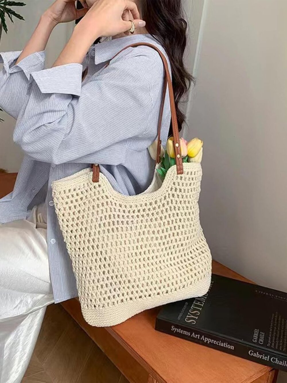Cotton Fibre Crochet Beach Tote Bag for Vacation,Bohemian Cotton Hobo Shoulder B - Picture 8 of 8